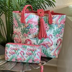 Flamingo Coral Bay Tropical Leather Womens Floral Purse and Wallet Set